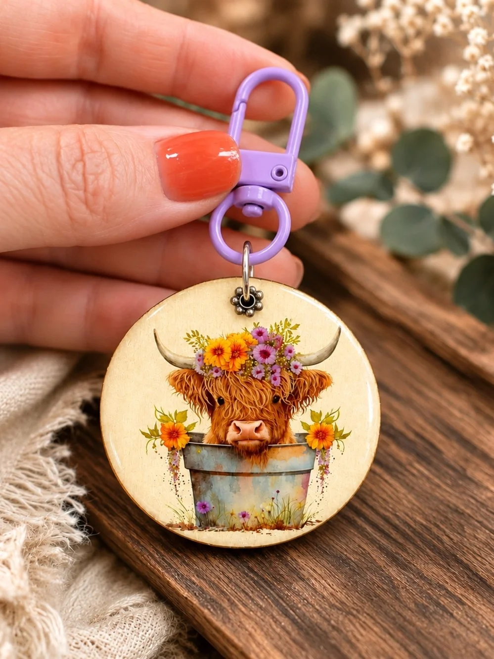 Purple Clip Floral Highland Cow Keychain by